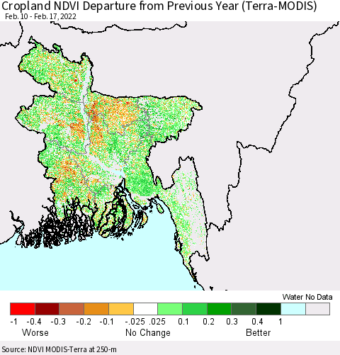 Bangladesh Cropland NDVI Departure from Previous Year (Terra-MODIS) Thematic Map For 2/10/2022 - 2/17/2022