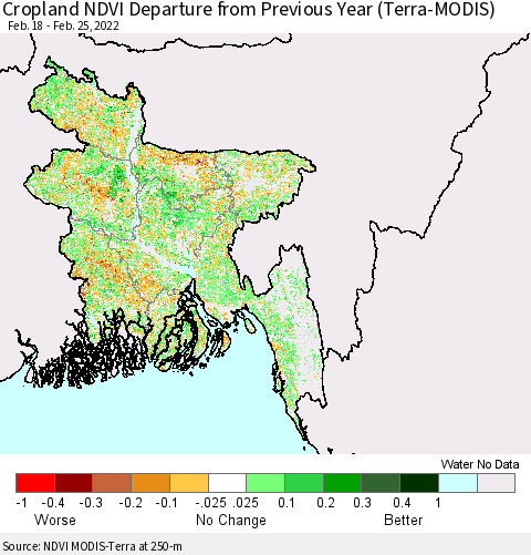 Bangladesh Cropland NDVI Departure from Previous Year (Terra-MODIS) Thematic Map For 2/18/2022 - 2/25/2022