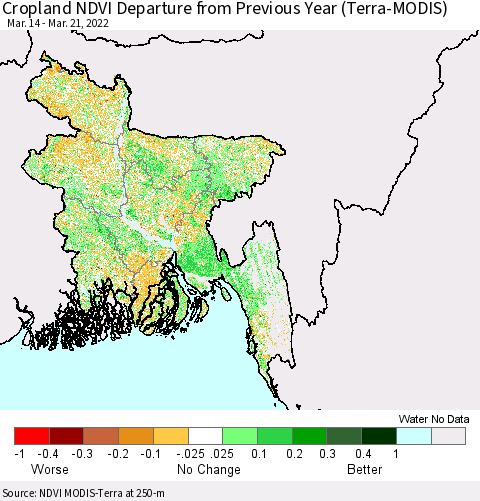 Bangladesh Cropland NDVI Departure from Previous Year (Terra-MODIS) Thematic Map For 3/14/2022 - 3/21/2022