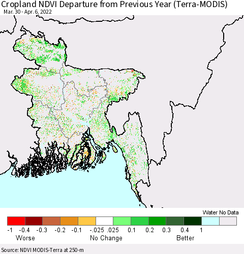 Bangladesh Cropland NDVI Departure from Previous Year (Terra-MODIS) Thematic Map For 3/30/2022 - 4/6/2022