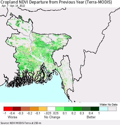 Bangladesh Cropland NDVI Departure from Previous Year (Terra-MODIS) Thematic Map For 4/7/2022 - 4/14/2022