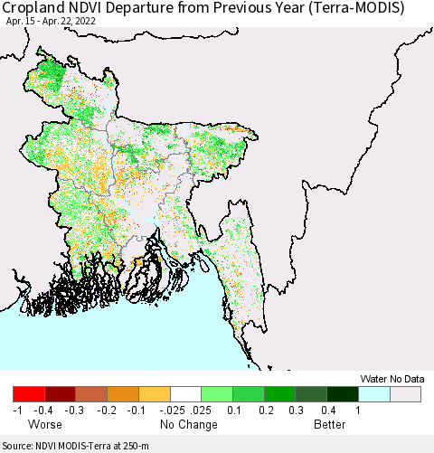 Bangladesh Cropland NDVI Departure from Previous Year (Terra-MODIS) Thematic Map For 4/15/2022 - 4/22/2022