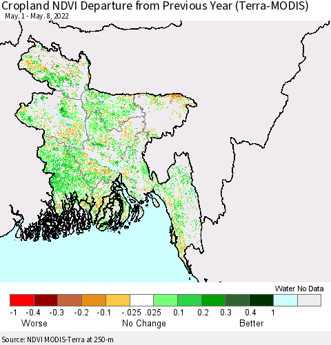 Bangladesh Cropland NDVI Departure from Previous Year (Terra-MODIS) Thematic Map For 5/1/2022 - 5/8/2022