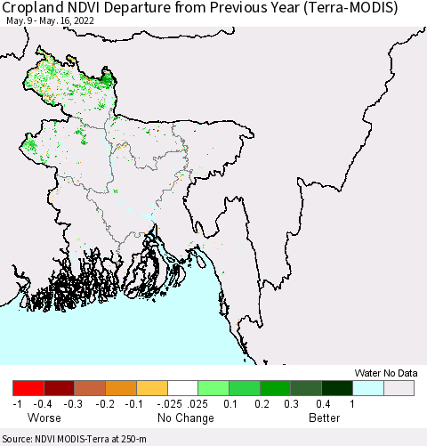 Bangladesh Cropland NDVI Departure from Previous Year (Terra-MODIS) Thematic Map For 5/9/2022 - 5/16/2022