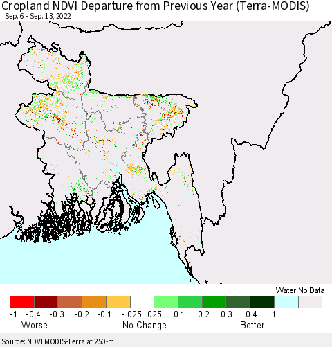 Bangladesh Cropland NDVI Departure from Previous Year (Terra-MODIS) Thematic Map For 9/6/2022 - 9/13/2022