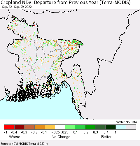 Bangladesh Cropland NDVI Departure from Previous Year (Terra-MODIS) Thematic Map For 9/22/2022 - 9/29/2022