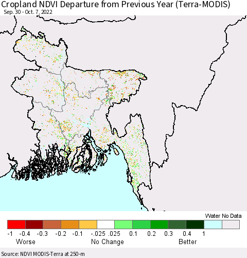 Bangladesh Cropland NDVI Departure from Previous Year (Terra-MODIS) Thematic Map For 9/30/2022 - 10/7/2022