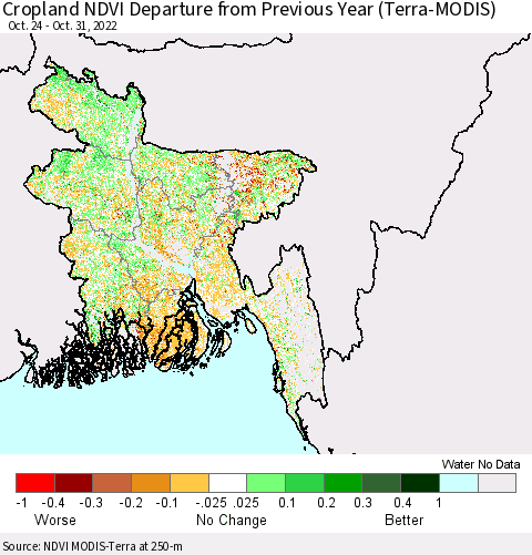 Bangladesh Cropland NDVI Departure from Previous Year (Terra-MODIS) Thematic Map For 10/24/2022 - 10/31/2022