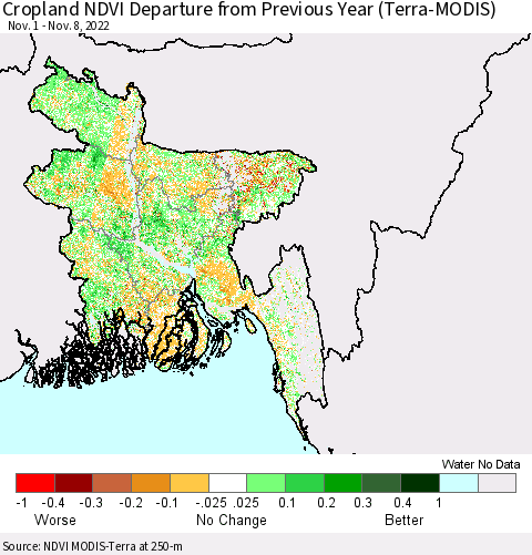Bangladesh Cropland NDVI Departure from Previous Year (Terra-MODIS) Thematic Map For 11/1/2022 - 11/8/2022