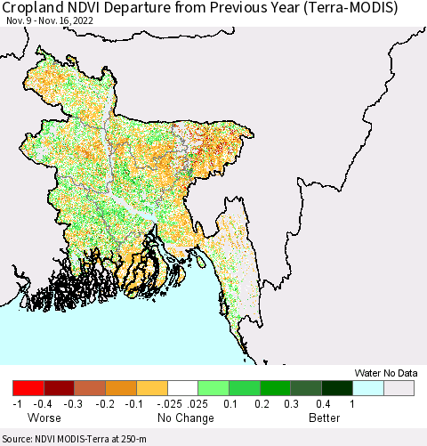 Bangladesh Cropland NDVI Departure from Previous Year (Terra-MODIS) Thematic Map For 11/9/2022 - 11/16/2022