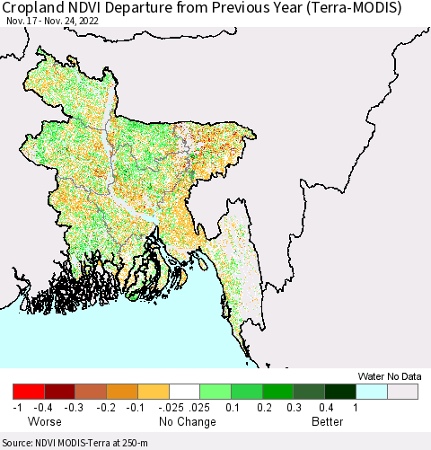 Bangladesh Cropland NDVI Departure from Previous Year (Terra-MODIS) Thematic Map For 11/17/2022 - 11/24/2022