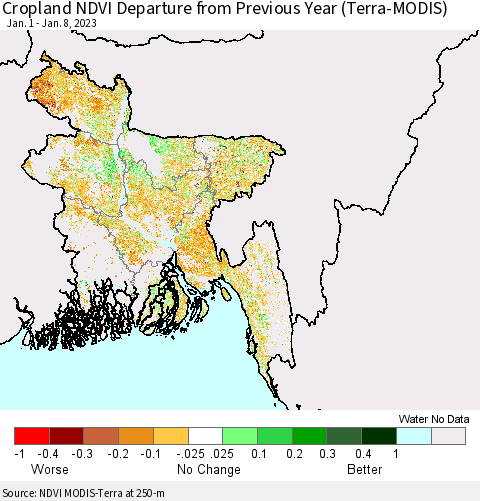 Bangladesh Cropland NDVI Departure from Previous Year (Terra-MODIS) Thematic Map For 1/1/2023 - 1/8/2023