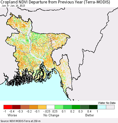Bangladesh Cropland NDVI Departure from Previous Year (Terra-MODIS) Thematic Map For 1/9/2023 - 1/16/2023