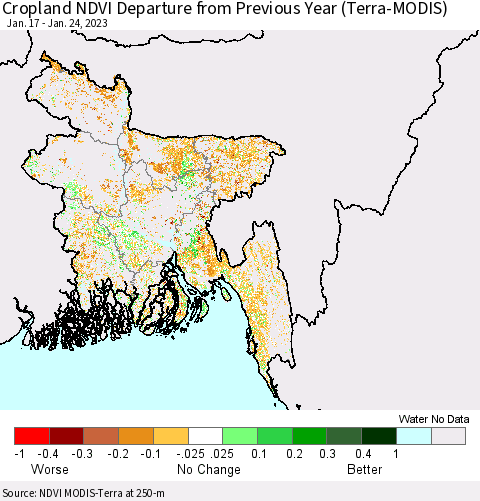 Bangladesh Cropland NDVI Departure from Previous Year (Terra-MODIS) Thematic Map For 1/17/2023 - 1/24/2023