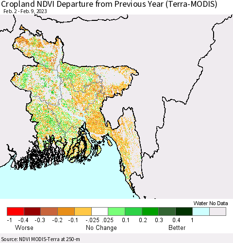 Bangladesh Cropland NDVI Departure from Previous Year (Terra-MODIS) Thematic Map For 2/2/2023 - 2/9/2023