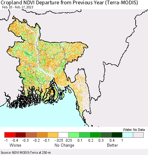 Bangladesh Cropland NDVI Departure from Previous Year (Terra-MODIS) Thematic Map For 2/10/2023 - 2/17/2023