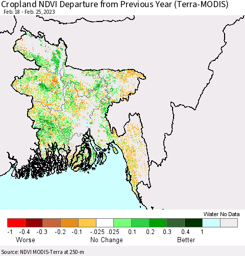 Bangladesh Cropland NDVI Departure from Previous Year (Terra-MODIS) Thematic Map For 2/18/2023 - 2/25/2023