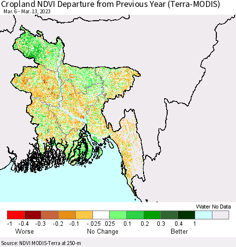 Bangladesh Cropland NDVI Departure from Previous Year (Terra-MODIS) Thematic Map For 3/6/2023 - 3/13/2023