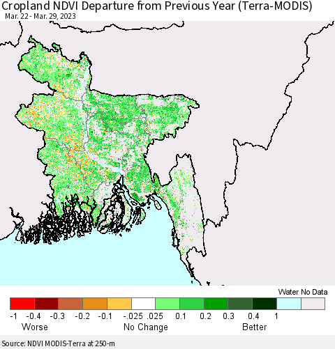 Bangladesh Cropland NDVI Departure from Previous Year (Terra-MODIS) Thematic Map For 3/22/2023 - 3/29/2023