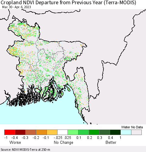Bangladesh Cropland NDVI Departure from Previous Year (Terra-MODIS) Thematic Map For 3/30/2023 - 4/6/2023