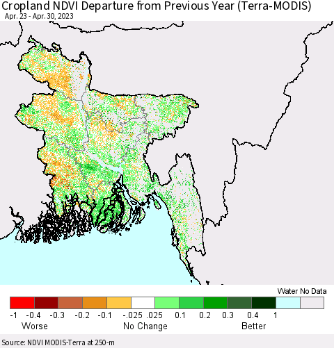 Bangladesh Cropland NDVI Departure from Previous Year (Terra-MODIS) Thematic Map For 4/23/2023 - 4/30/2023