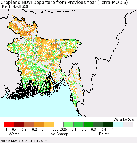 Bangladesh Cropland NDVI Departure from Previous Year (Terra-MODIS) Thematic Map For 5/1/2023 - 5/8/2023