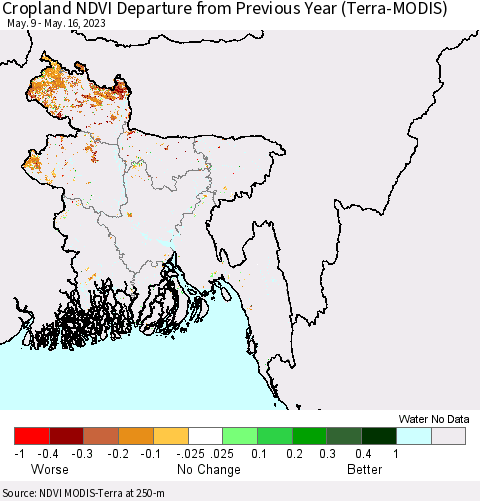 Bangladesh Cropland NDVI Departure from Previous Year (Terra-MODIS) Thematic Map For 5/9/2023 - 5/16/2023