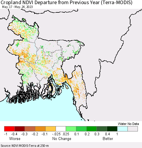Bangladesh Cropland NDVI Departure from Previous Year (Terra-MODIS) Thematic Map For 5/17/2023 - 5/24/2023