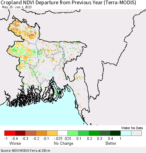 Bangladesh Cropland NDVI Departure from Previous Year (Terra-MODIS) Thematic Map For 5/25/2023 - 6/1/2023
