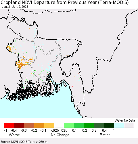 Bangladesh Cropland NDVI Departure from Previous Year (Terra-MODIS) Thematic Map For 6/2/2023 - 6/9/2023