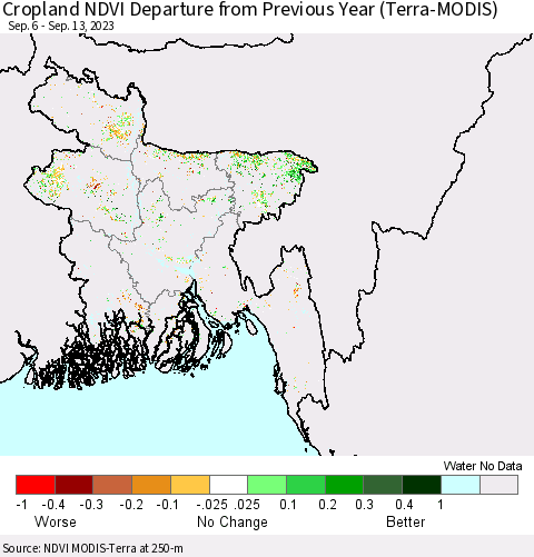 Bangladesh Cropland NDVI Departure from Previous Year (Terra-MODIS) Thematic Map For 9/6/2023 - 9/13/2023