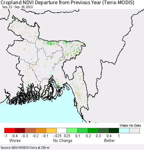 Bangladesh Cropland NDVI Departure from Previous Year (Terra-MODIS) Thematic Map For 9/22/2023 - 9/29/2023