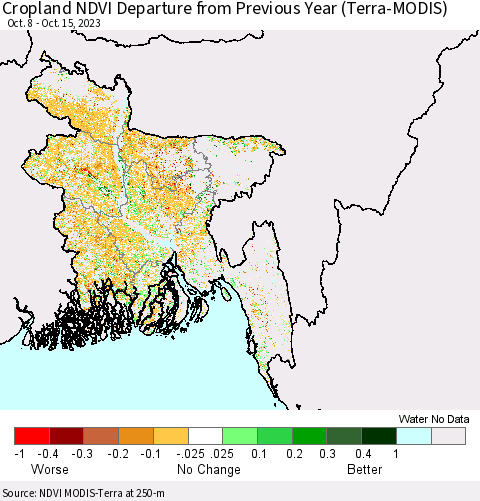 Bangladesh Cropland NDVI Departure from Previous Year (Terra-MODIS) Thematic Map For 10/8/2023 - 10/15/2023