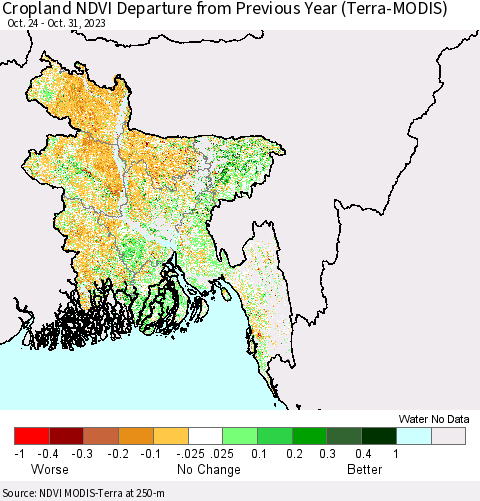 Bangladesh Cropland NDVI Departure from Previous Year (Terra-MODIS) Thematic Map For 10/24/2023 - 10/31/2023