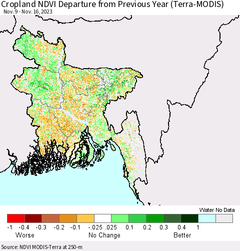 Bangladesh Cropland NDVI Departure from Previous Year (Terra-MODIS) Thematic Map For 11/9/2023 - 11/16/2023