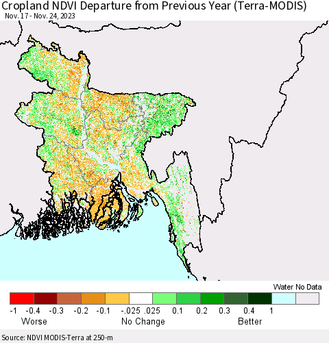 Bangladesh Cropland NDVI Departure from Previous Year (Terra-MODIS) Thematic Map For 11/17/2023 - 11/24/2023