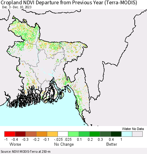 Bangladesh Cropland NDVI Departure from Previous Year (Terra-MODIS) Thematic Map For 12/3/2023 - 12/10/2023