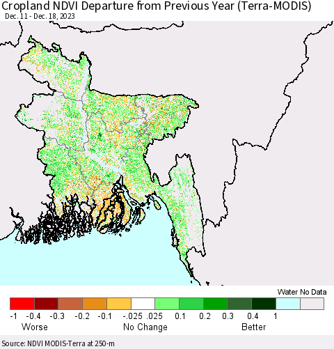 Bangladesh Cropland NDVI Departure from Previous Year (Terra-MODIS) Thematic Map For 12/11/2023 - 12/18/2023