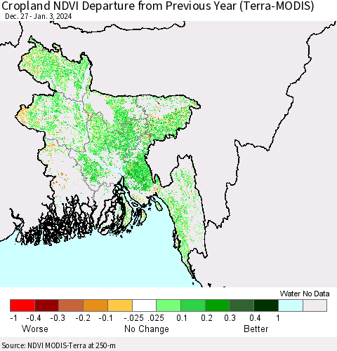 Bangladesh Cropland NDVI Departure from Previous Year (Terra-MODIS) Thematic Map For 12/27/2023 - 1/3/2024