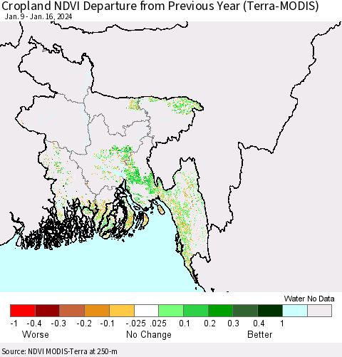 Bangladesh Cropland NDVI Departure from Previous Year (Terra-MODIS) Thematic Map For 1/9/2024 - 1/16/2024