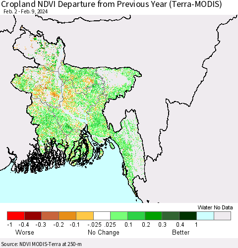 Bangladesh Cropland NDVI Departure from Previous Year (Terra-MODIS) Thematic Map For 2/2/2024 - 2/9/2024