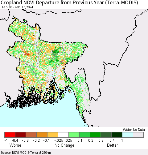 Bangladesh Cropland NDVI Departure from Previous Year (Terra-MODIS) Thematic Map For 2/10/2024 - 2/17/2024