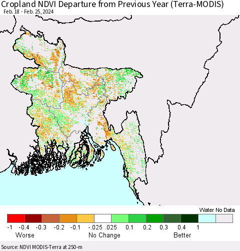 Bangladesh Cropland NDVI Departure from Previous Year (Terra-MODIS) Thematic Map For 2/18/2024 - 2/25/2024