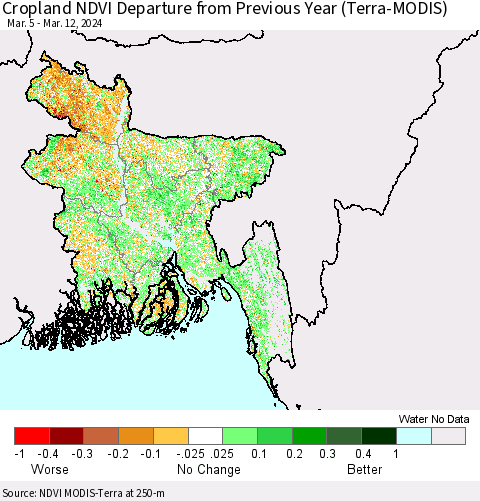 Bangladesh Cropland NDVI Departure from Previous Year (Terra-MODIS) Thematic Map For 3/5/2024 - 3/12/2024