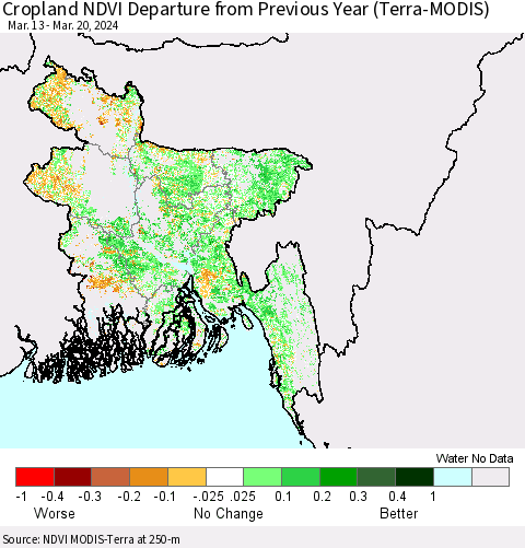 Bangladesh Cropland NDVI Departure from Previous Year (Terra-MODIS) Thematic Map For 3/13/2024 - 3/20/2024