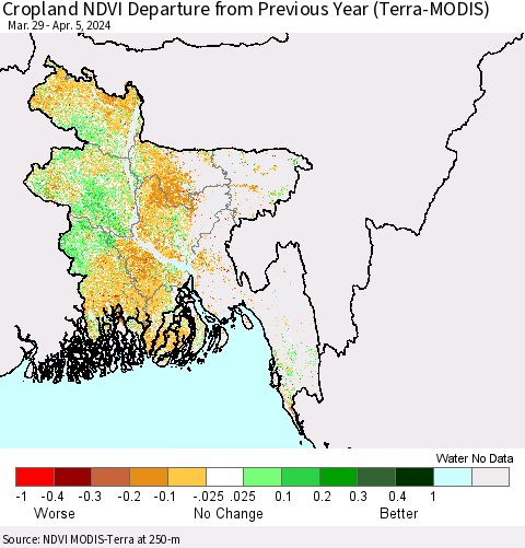 Bangladesh Cropland NDVI Departure from Previous Year (Terra-MODIS) Thematic Map For 3/29/2024 - 4/5/2024