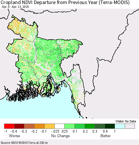 Bangladesh Cropland NDVI Departure from Previous Year (Terra-MODIS) Thematic Map For 4/6/2024 - 4/13/2024