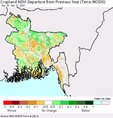 Bangladesh Cropland NDVI Departure from Previous Year (Terra-MODIS) Thematic Map For 4/14/2024 - 4/21/2024