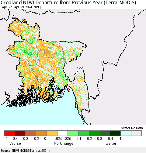 Bangladesh Cropland NDVI Departure from Previous Year (Terra-MODIS) Thematic Map For 4/22/2024 - 4/29/2024