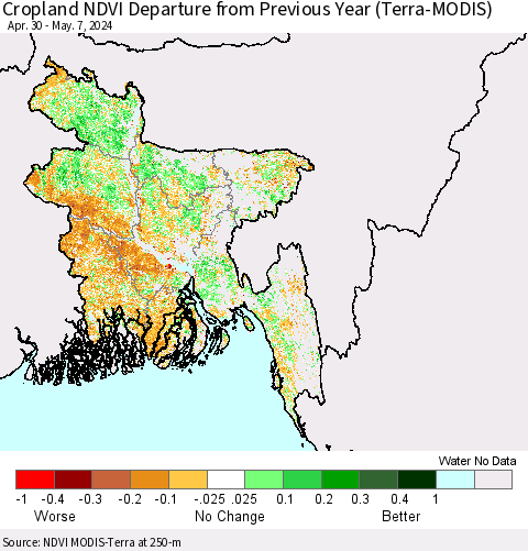 Bangladesh Cropland NDVI Departure from Previous Year (Terra-MODIS) Thematic Map For 4/30/2024 - 5/7/2024